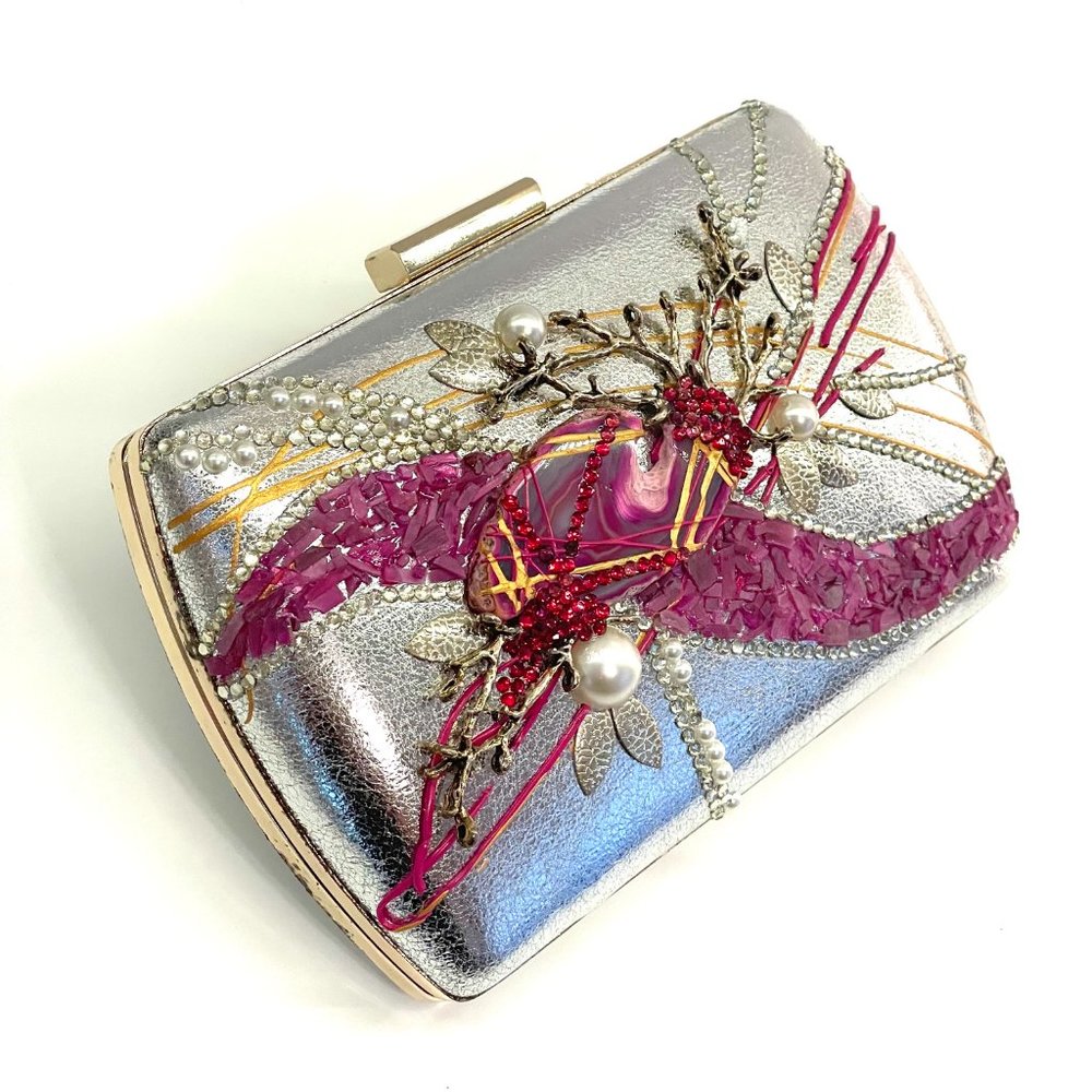 Silver Leather Clutch Pink Agate stone, Pearls, Crystals, Silver Branches - Picture 2 of 5